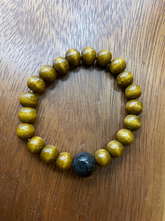 Grade A Natural Black bead Burma Jadeite bead with wood beads elastic Bracelet