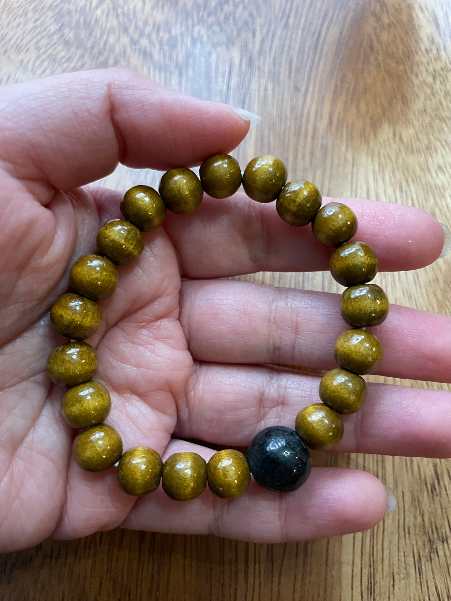 Grade A Natural Black bead Burma Jadeite bead with wood beads elastic Bracelet