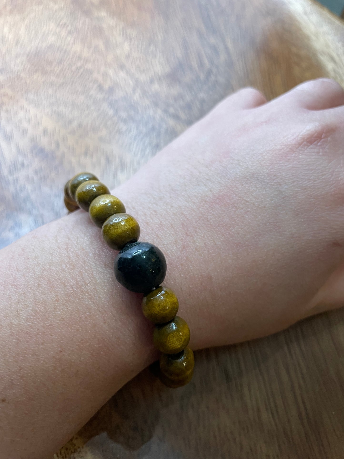 Grade A Natural Black bead Burma Jadeite bead with wood beads elastic Bracelet