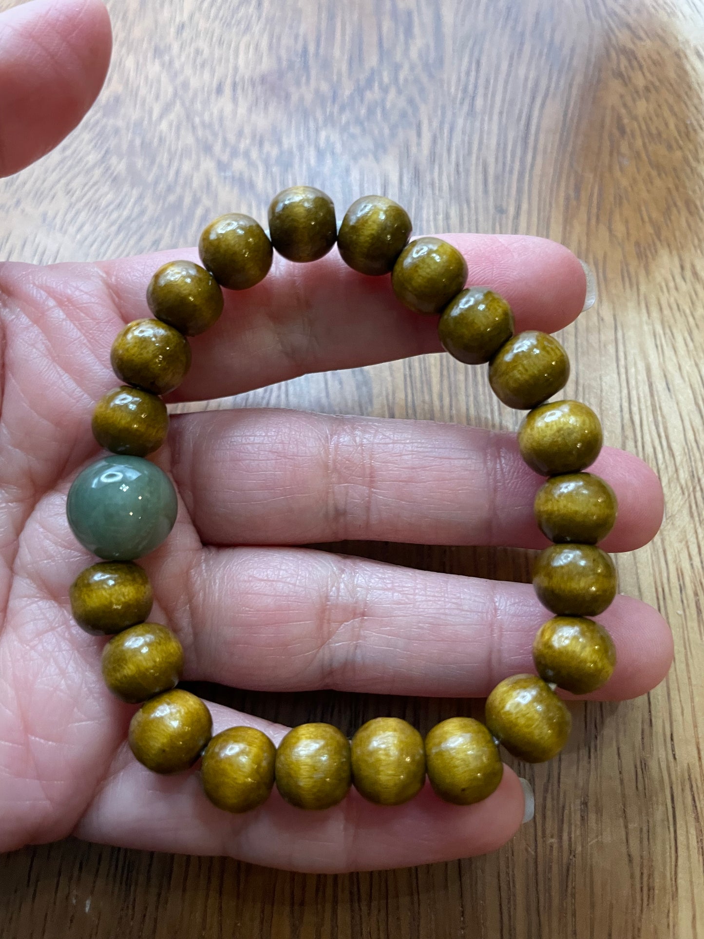 Grade A Natural green bead Burma Jadeite bead with wood beads elastic Bracelet