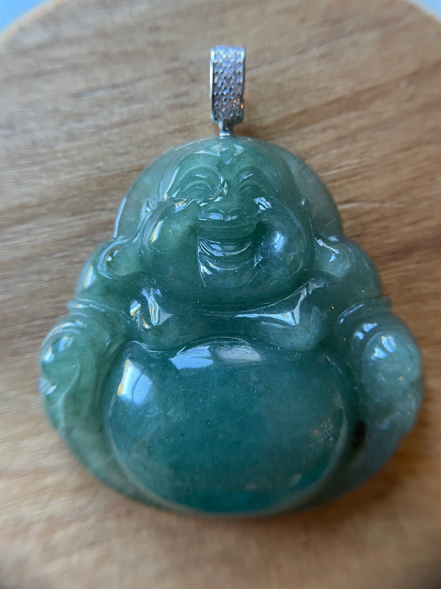 Icy Blue jadeite Buddha pendant with Sterling silver and cubic zircon bail