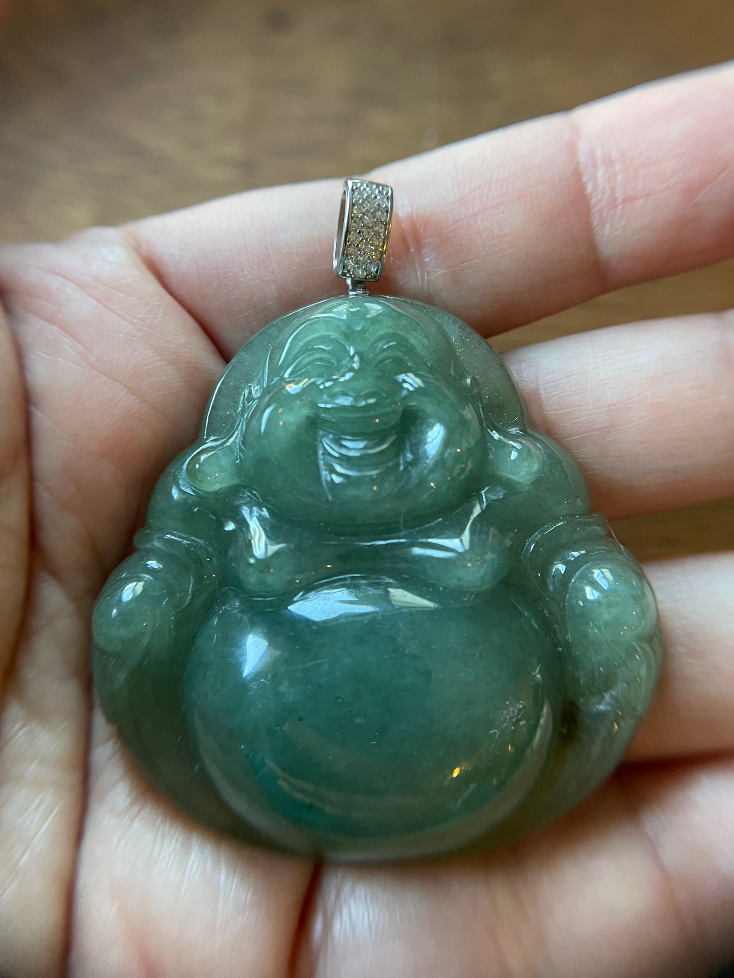 Icy Blue jadeite Buddha pendant with Sterling silver and cubic zircon bail