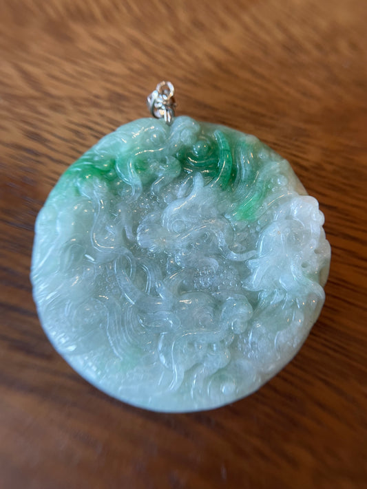 Natural Burma White and Green 9 Dragon Pendant silver necklace