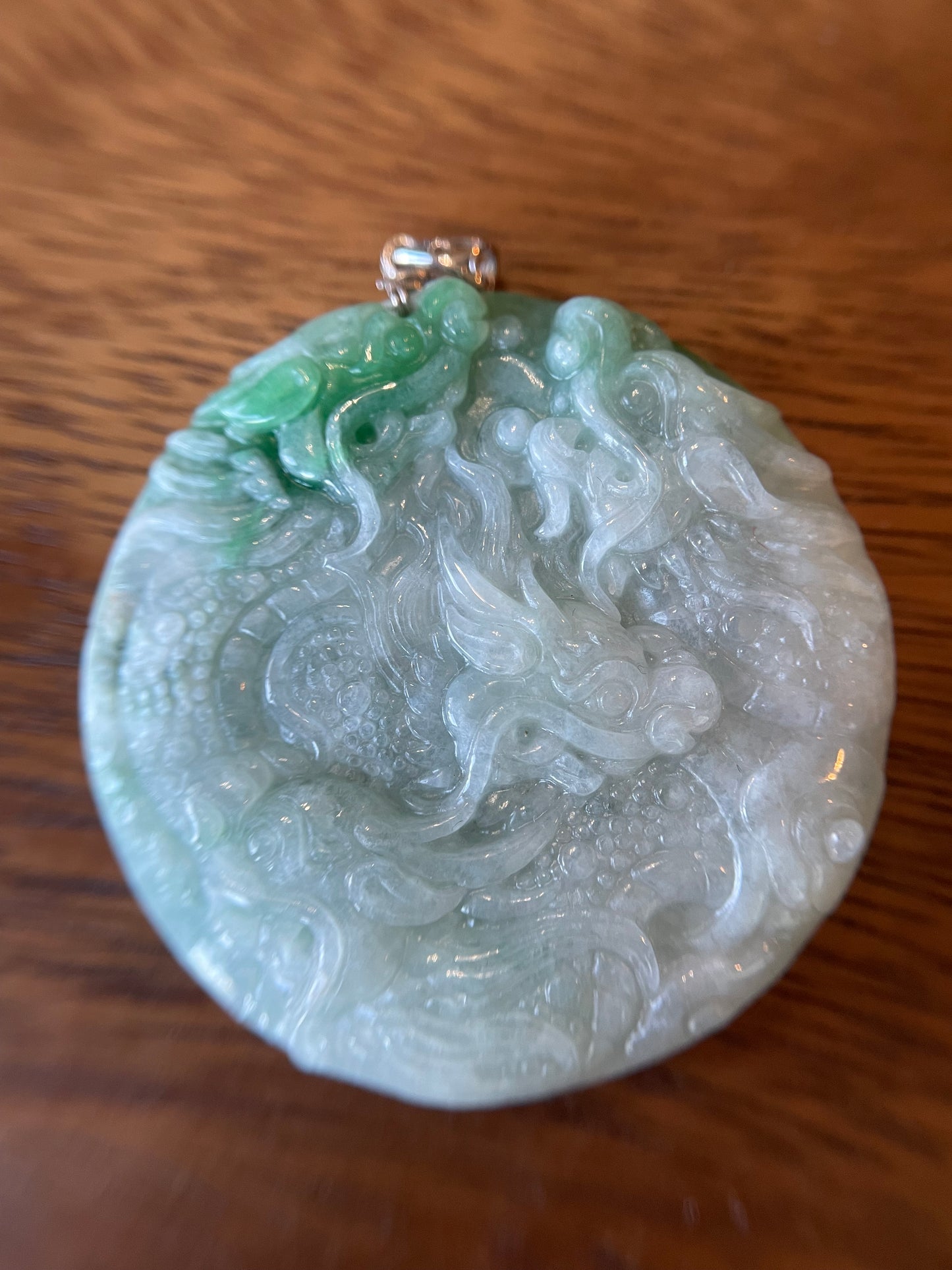 Natural Burma White and Green 9 Dragon Pendant silver necklace