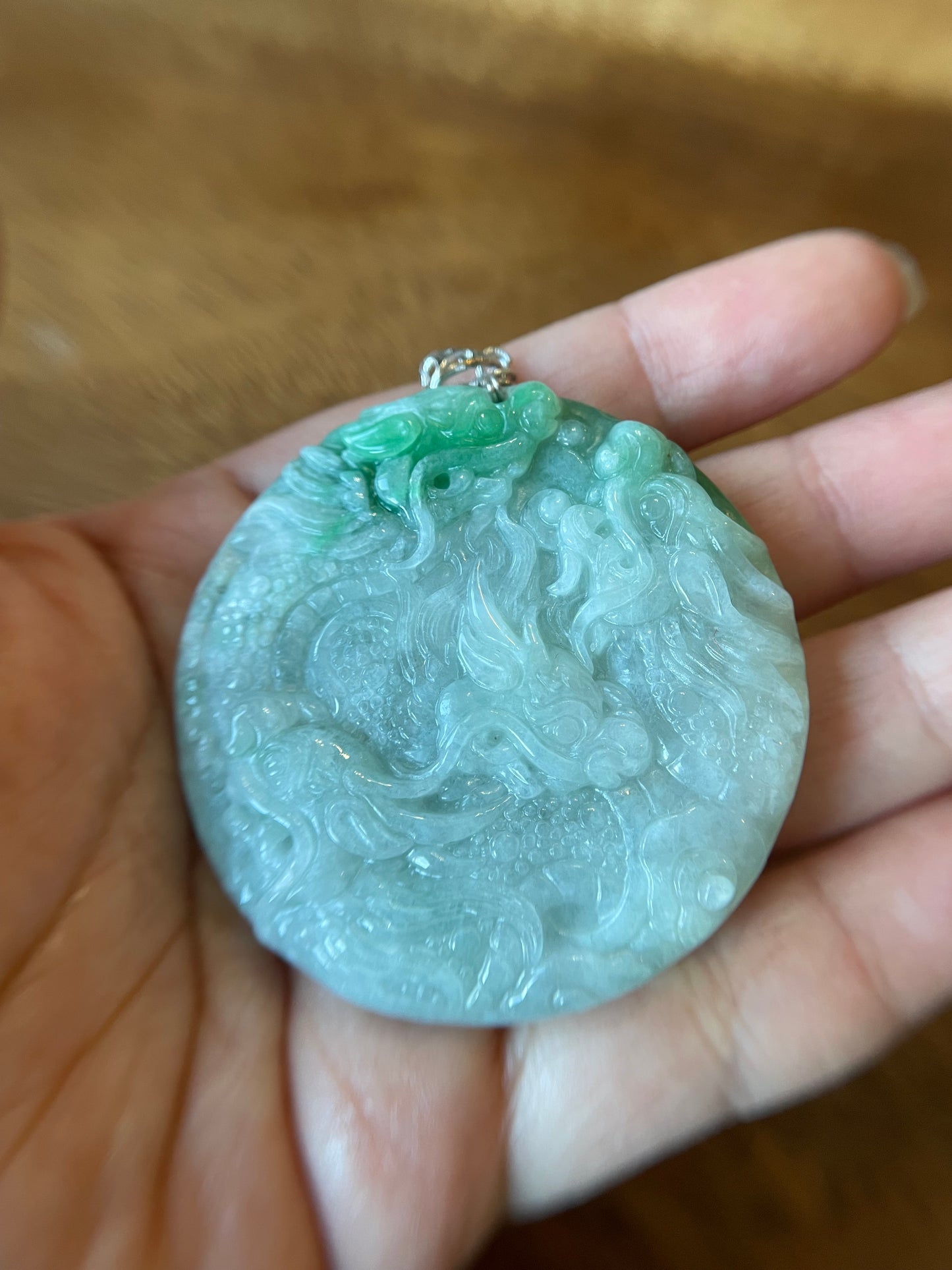 Natural Burma White and Green 9 Dragon Pendant silver necklace