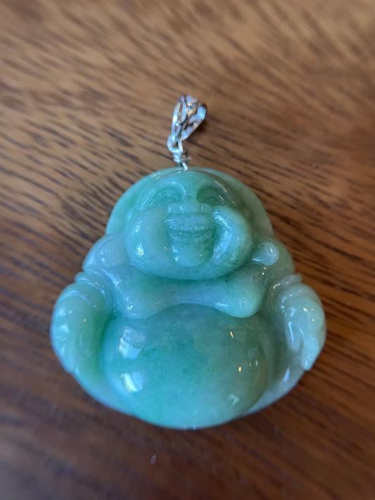 Icy Green jadeite Buddha pendant with Sterling silver bail