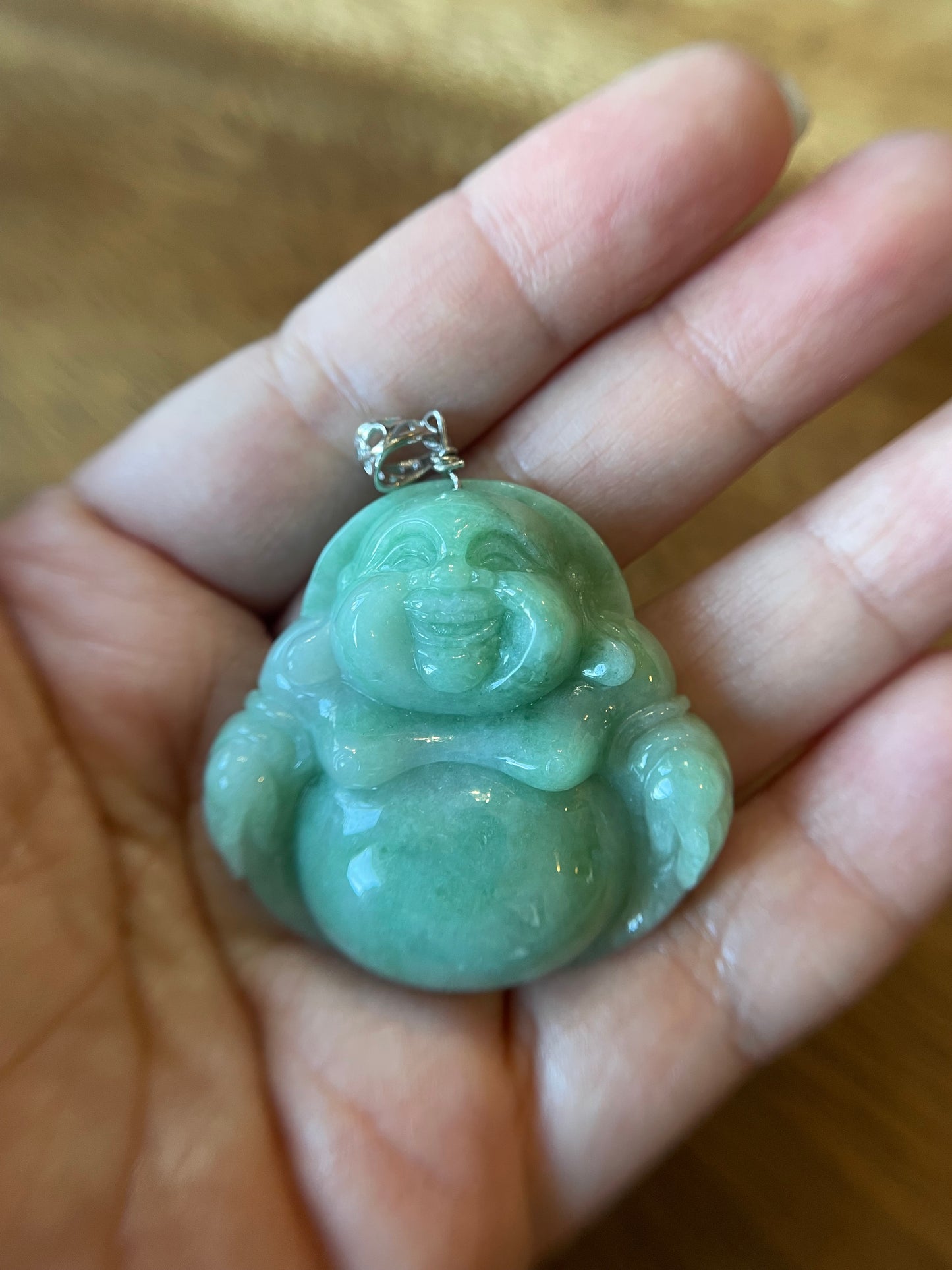 Icy Green jadeite Buddha pendant with Sterling silver bail