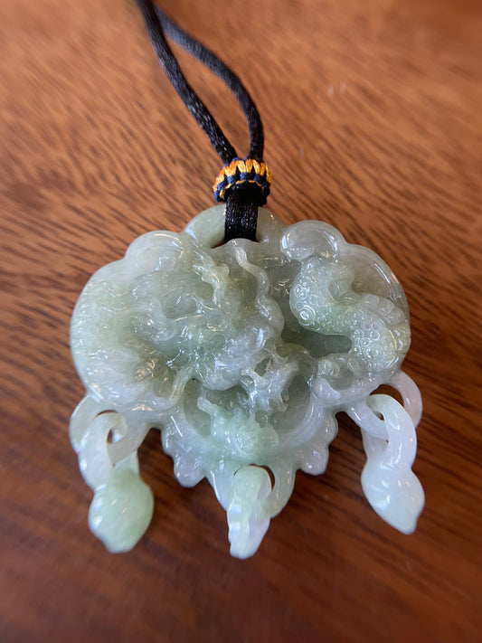 Natural Burma White and Green  Dragon and Phoenix Pendant necklace