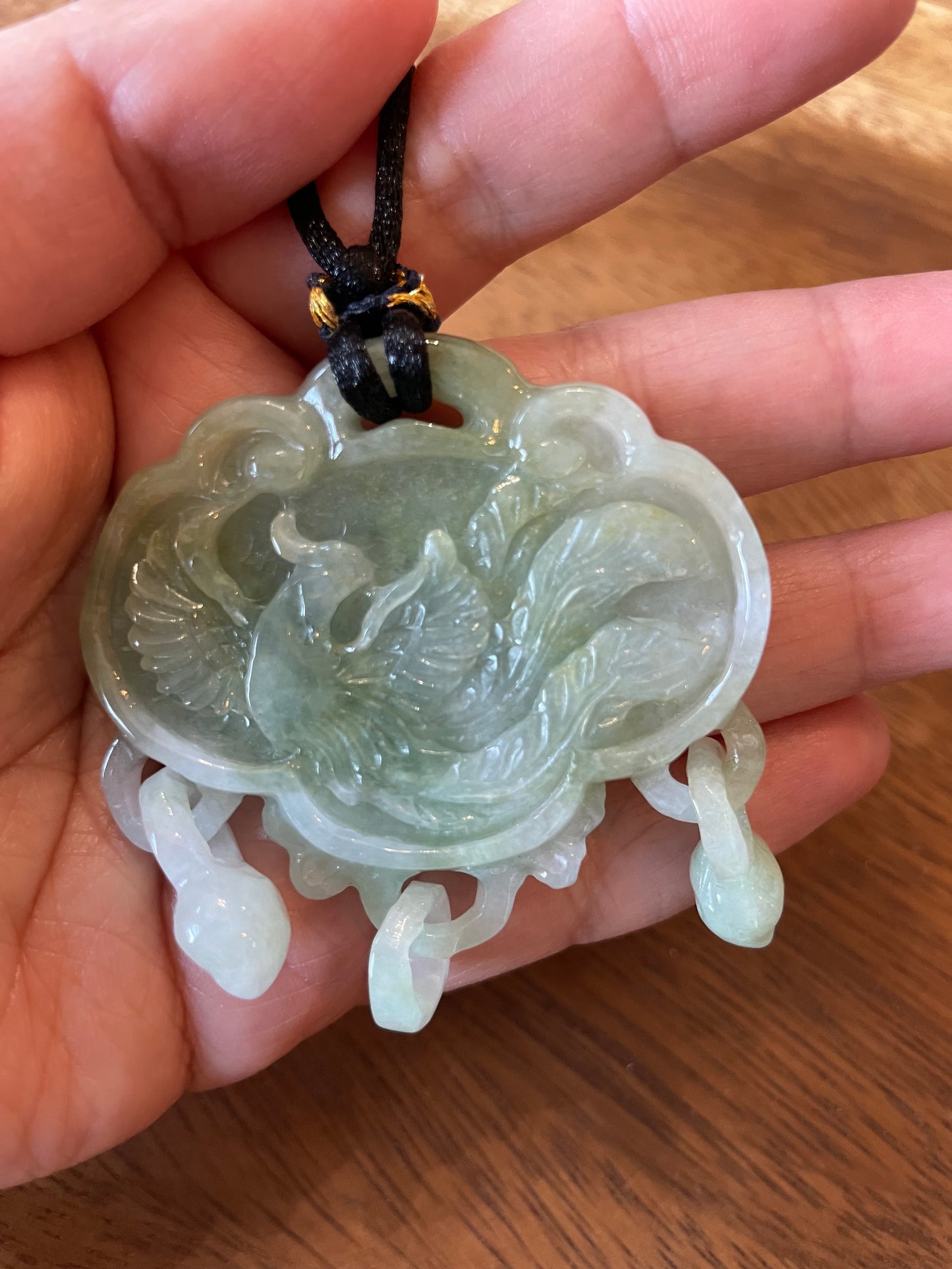 Natural Burma White and Green  Dragon and Phoenix Pendant necklace