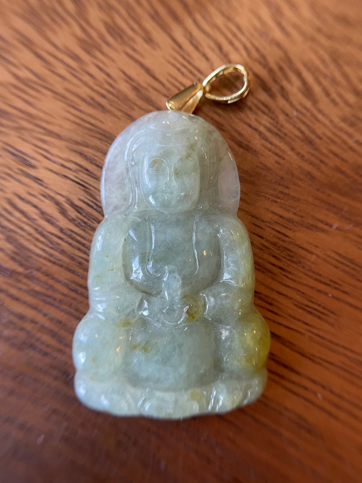 Grade A Natural yellow Burma Jadeite Guanyin pendant with sterling Gold overlay silver bail pendant