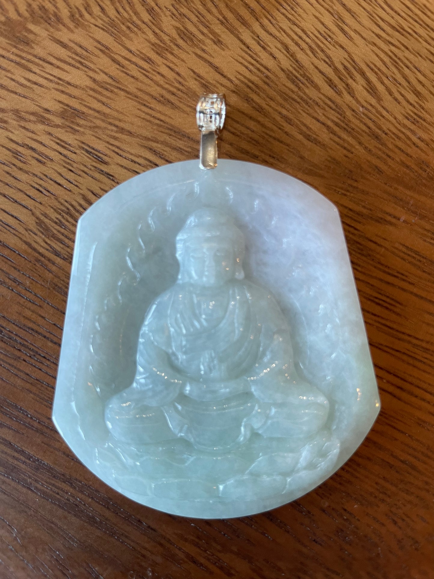 Icy Lavender Green jadeite Buddha pendant with Sterling silver bail