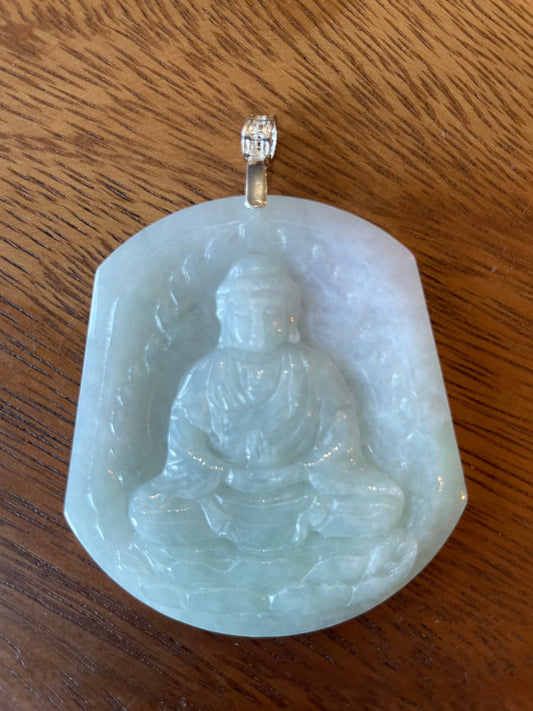 Icy Lavender Green jadeite Buddha pendant with Sterling silver bail