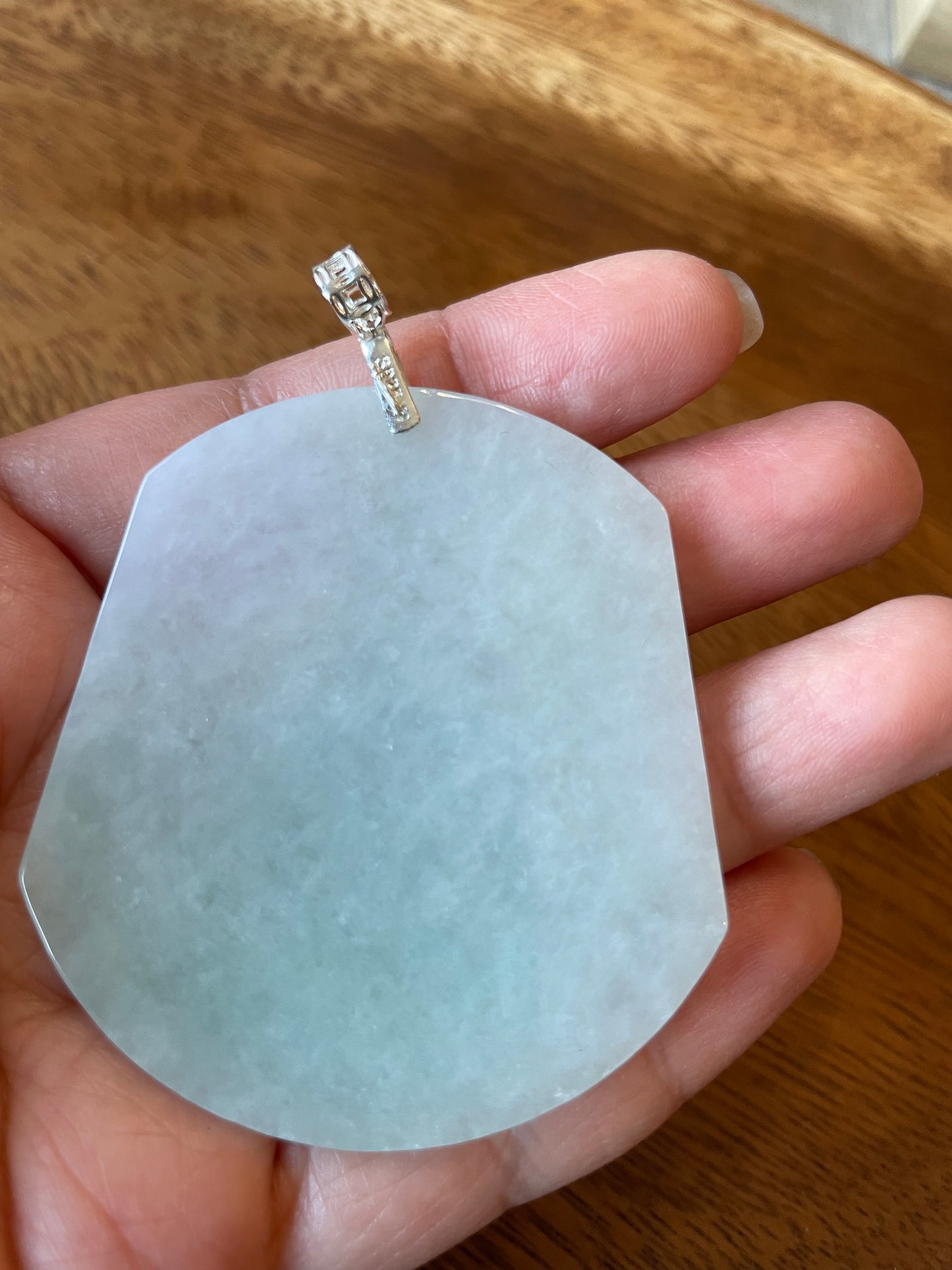 Icy Lavender Green jadeite Buddha pendant with Sterling silver bail