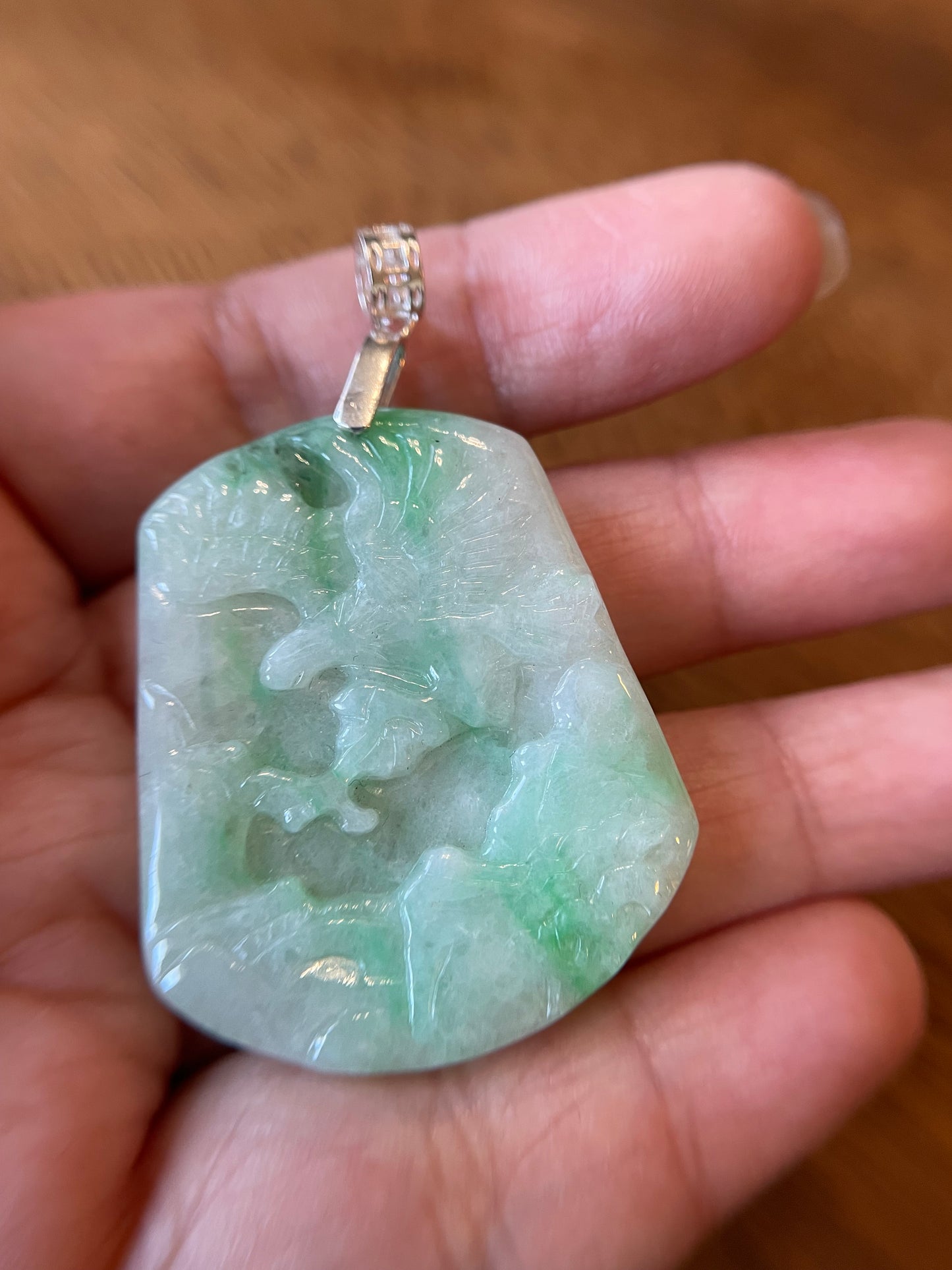 Natural Burma White and Green Eagle Pendant silver necklace