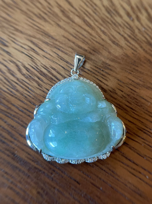Icy Green jadeite Buddha pendant with Sterling silver bail necklace