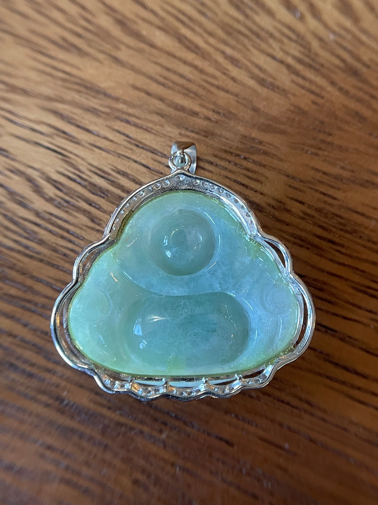 Icy Green jadeite Buddha pendant with Sterling silver bail necklace