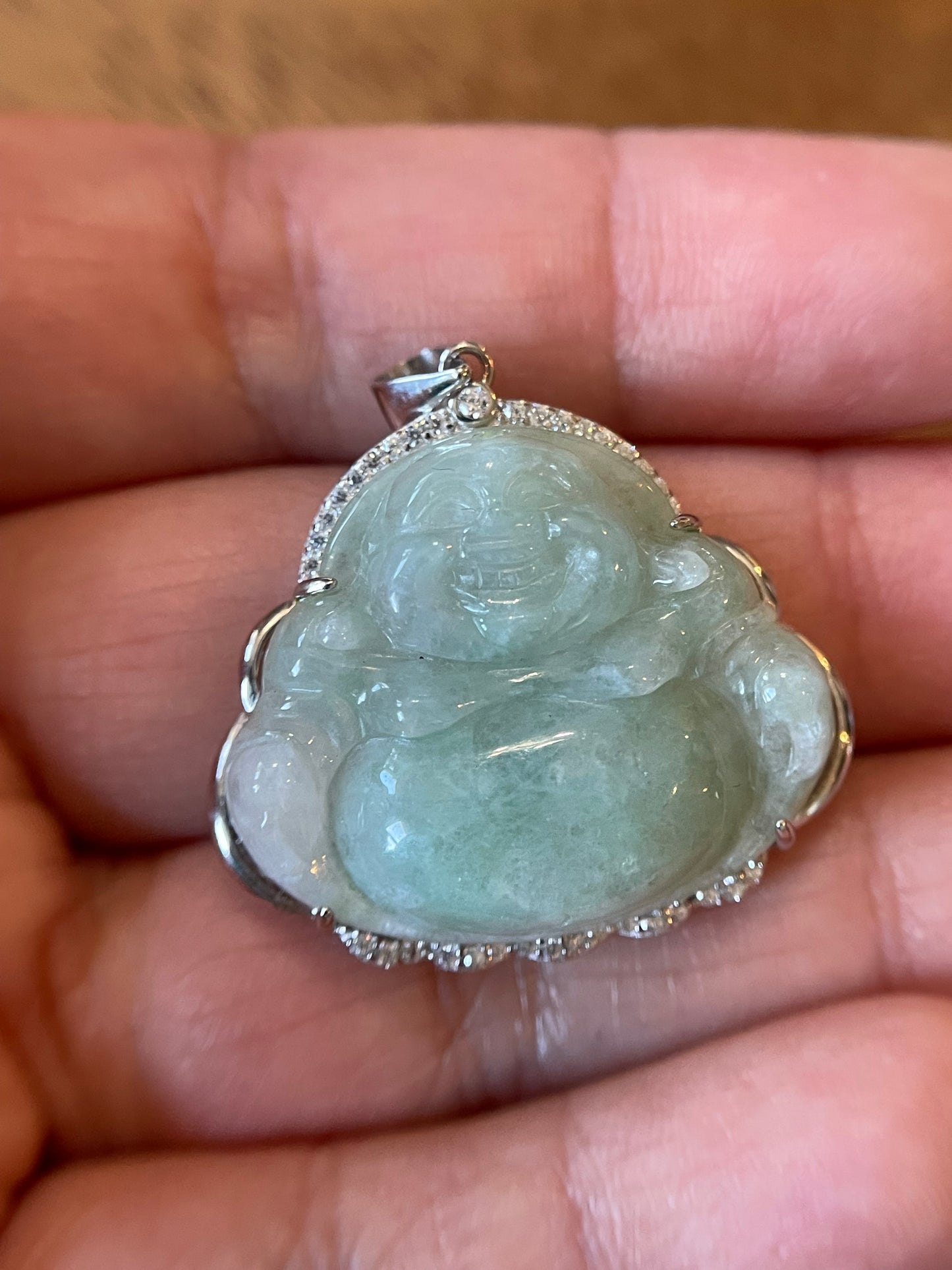 Icy Green jadeite Buddha pendant with Sterling silver bail necklace