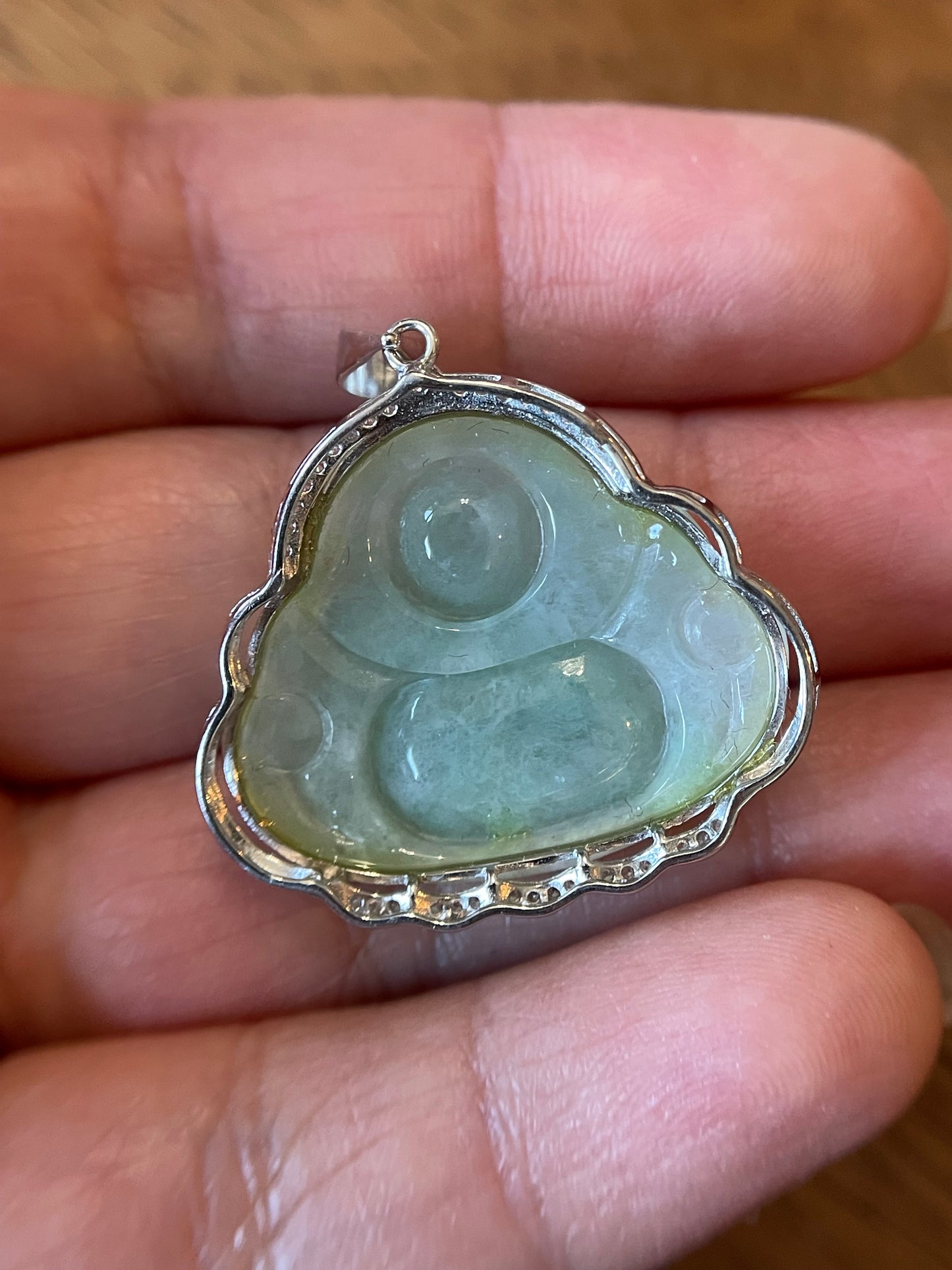 Icy Green jadeite Buddha pendant with Sterling silver bail necklace