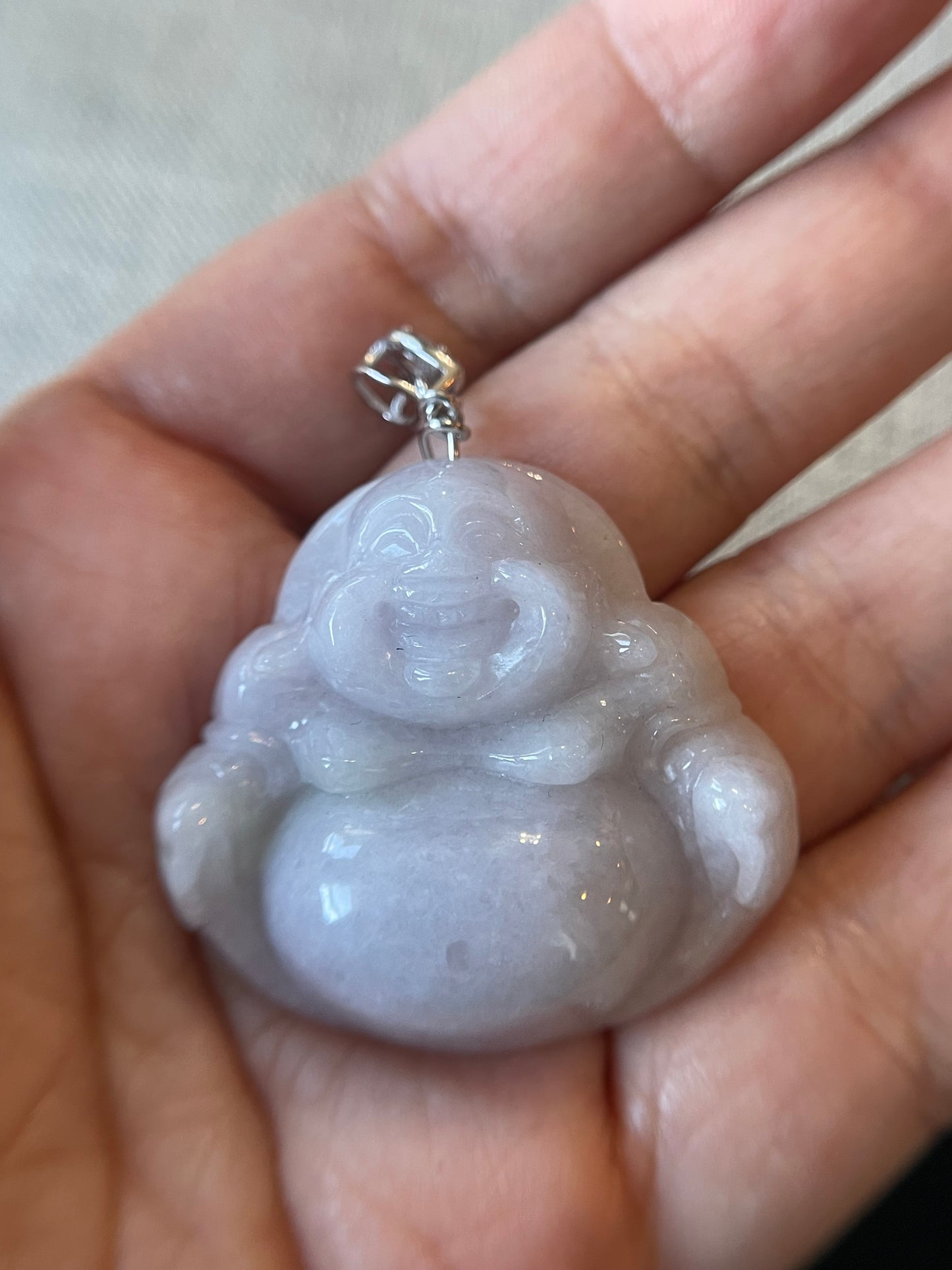 Icy Lavender jadeite Buddha pendant with Sterling silver bail necklace
