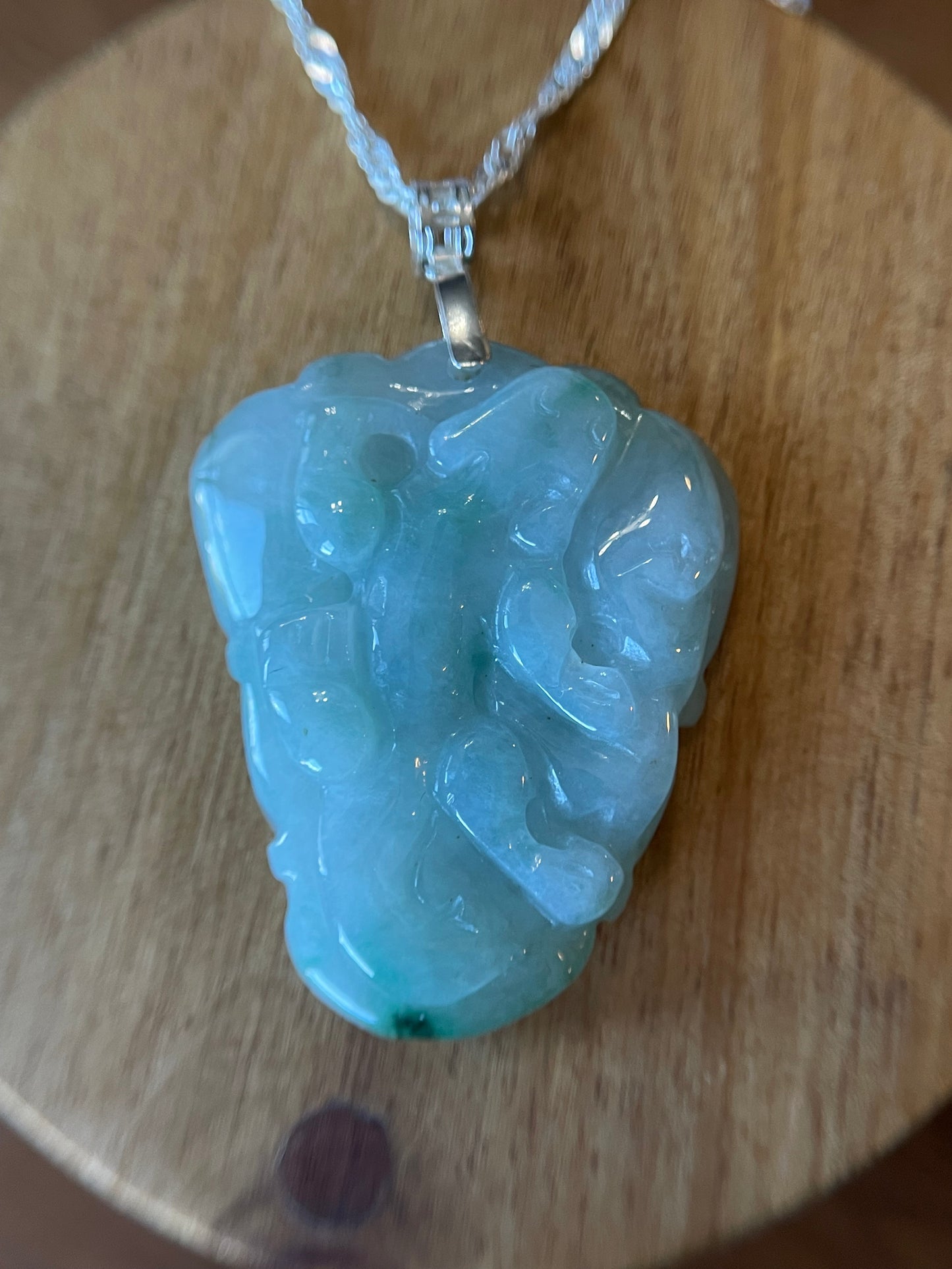 Natural Grade A Burmese Jadeite Glassy Blue Ancient Dragon over Leaf  Pendant silver necklace