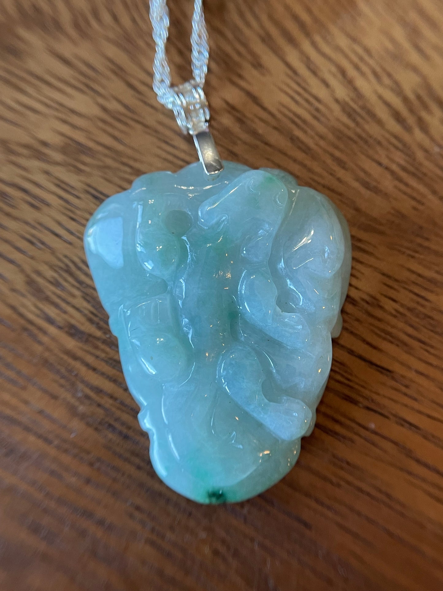 Natural Grade A Burmese Jadeite Glassy Blue Ancient Dragon over Leaf  Pendant silver necklace