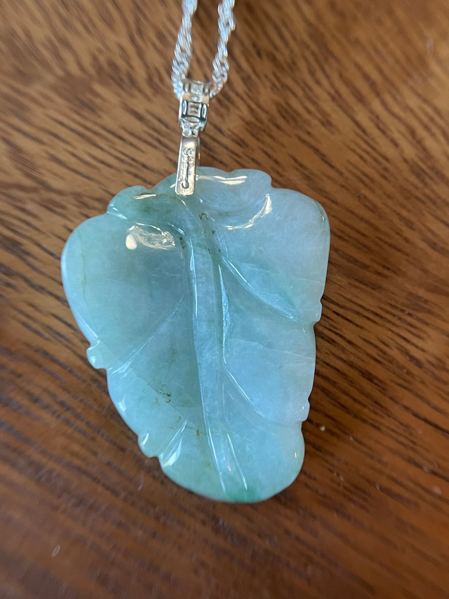 Natural Grade A Burmese Jadeite Glassy Blue Ancient Dragon over Leaf  Pendant silver necklace