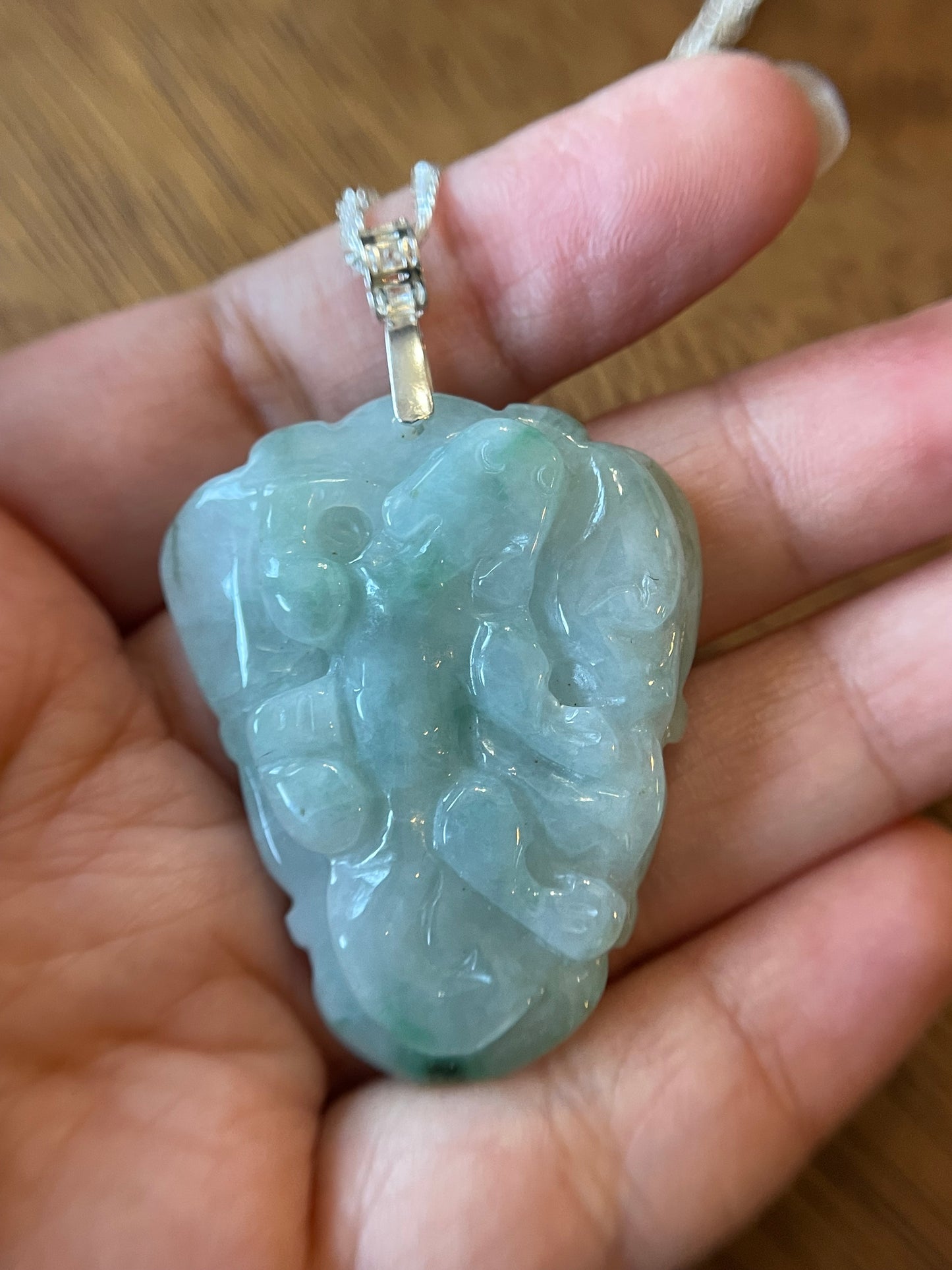 Natural Grade A Burmese Jadeite Glassy Blue Ancient Dragon over Leaf  Pendant silver necklace