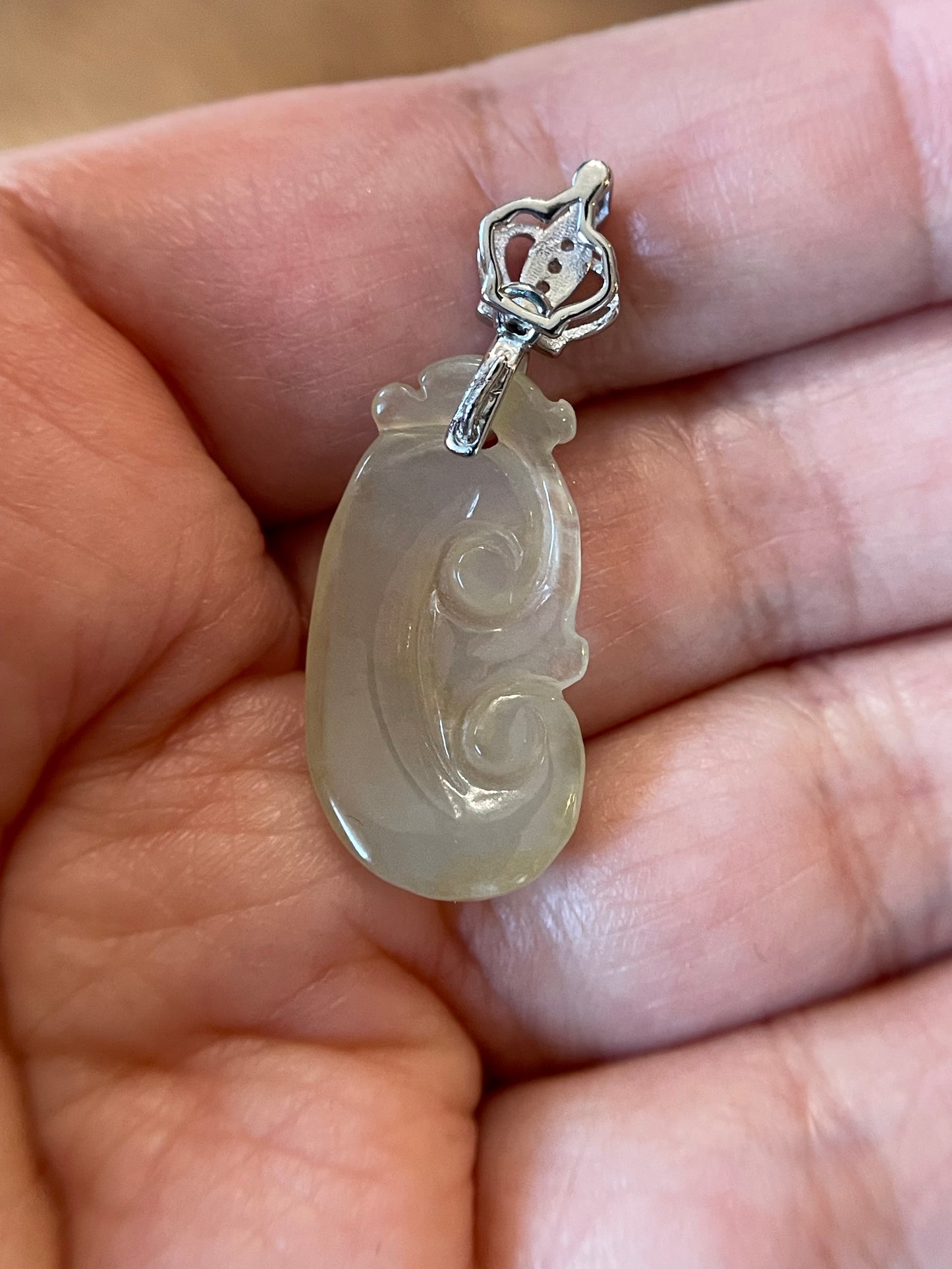 Natural Grade A Burma Jadeite  Bail Glassy Light yellow Yuyi Pendant silver necklace