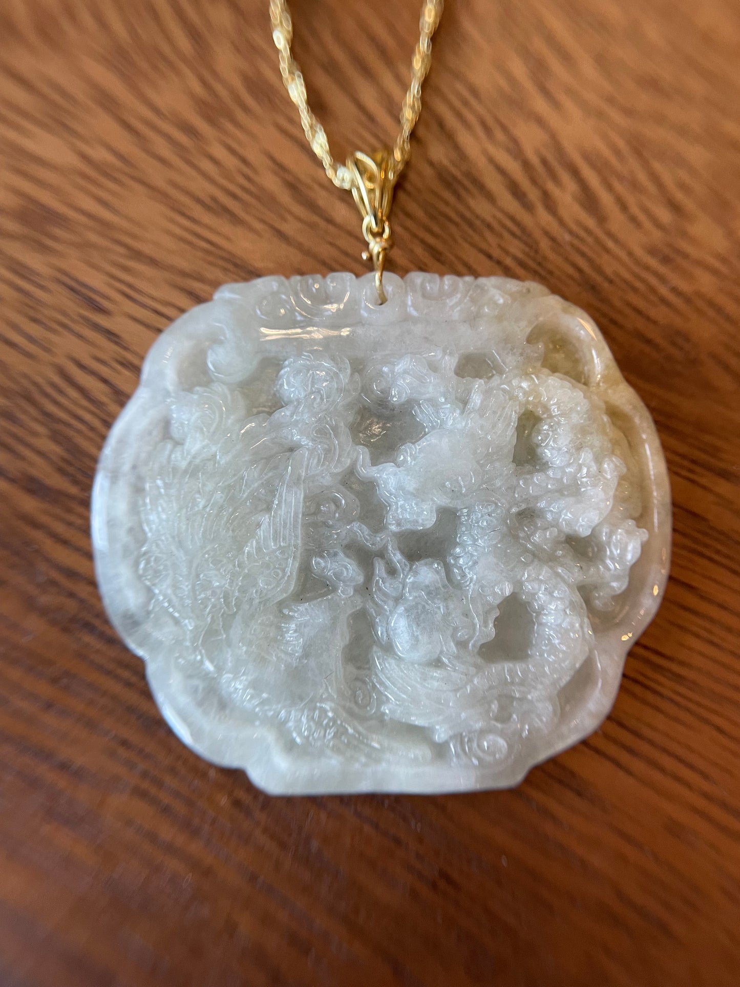 Natural Burma White and Yellow  Dragon and Phoenix Pendant necklace