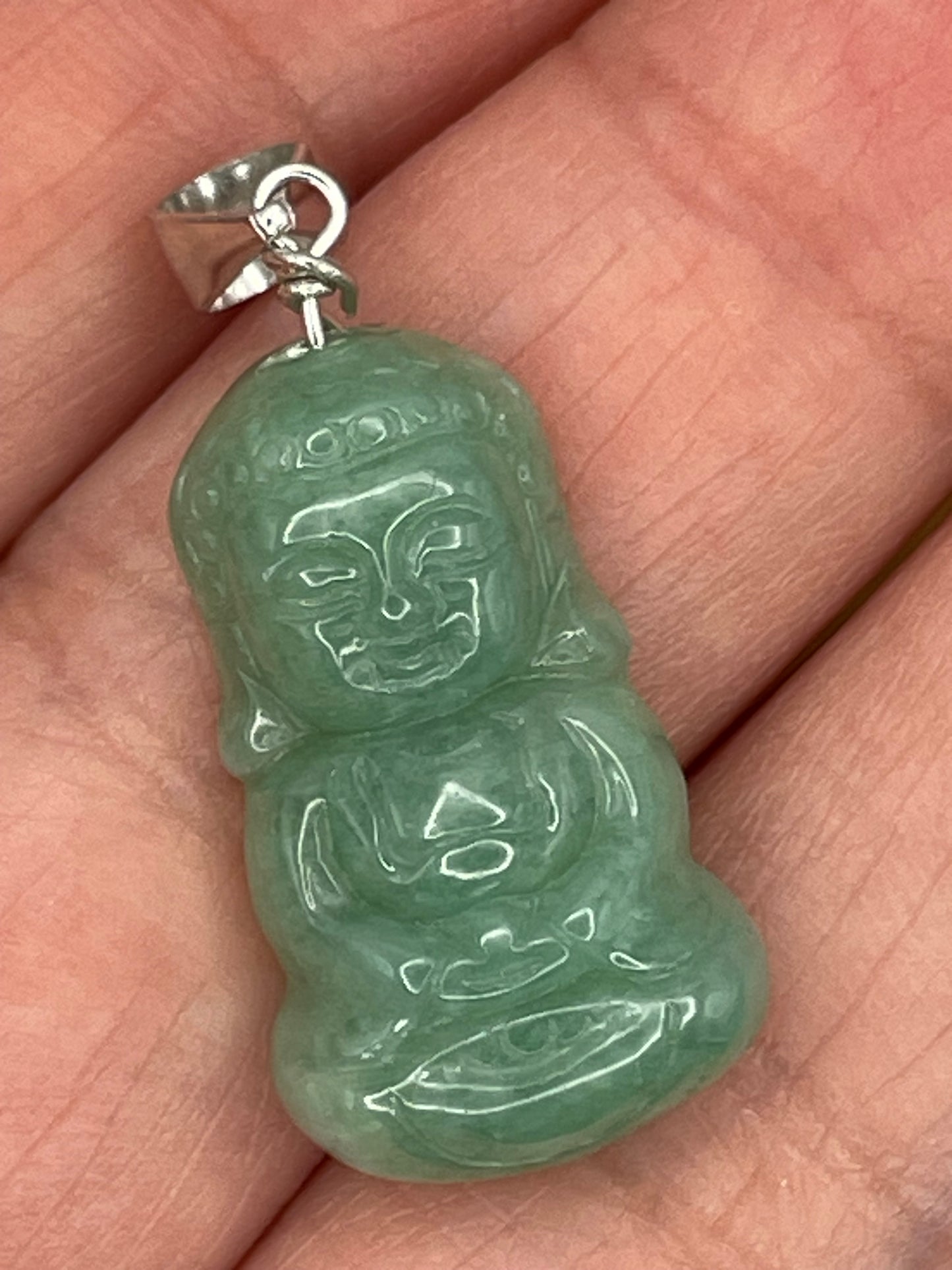Icy Green jadeite Baby Buddha pendant with Sterling silver bail necklace