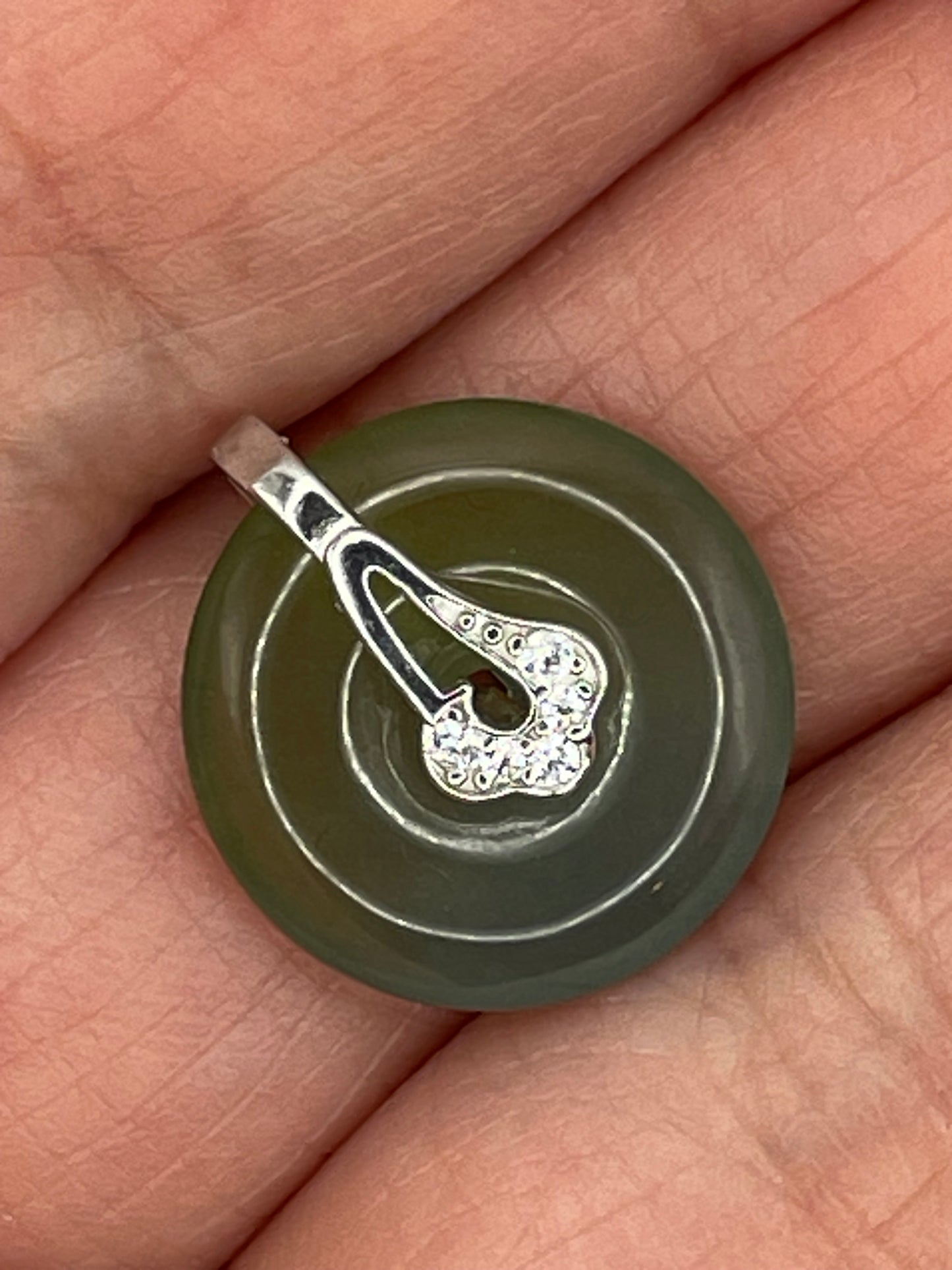 Grade A Natural  green Jadeite Pi Disc pendant silver necklace