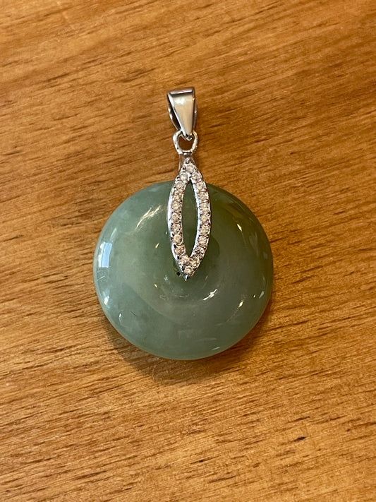 Grade A Natural  green Jadeite Pi Disc pendant silver necklace