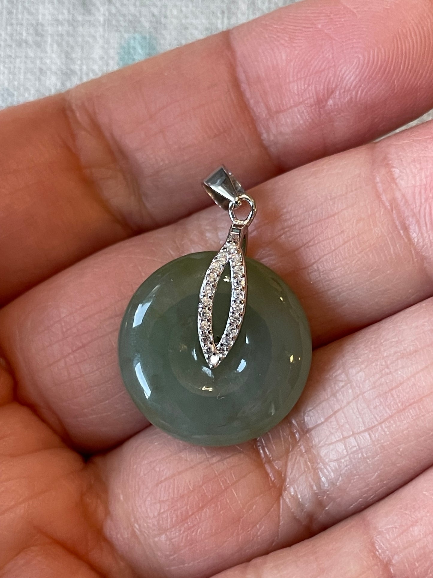 Grade A Natural  green Jadeite Pi Disc pendant silver necklace