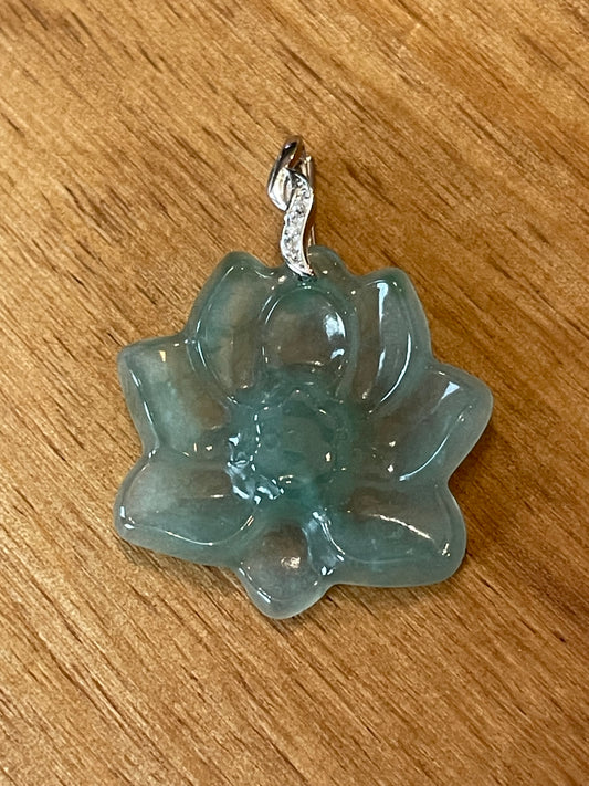 Natural Blue Green Water Lily Pendant Silver Necklace
