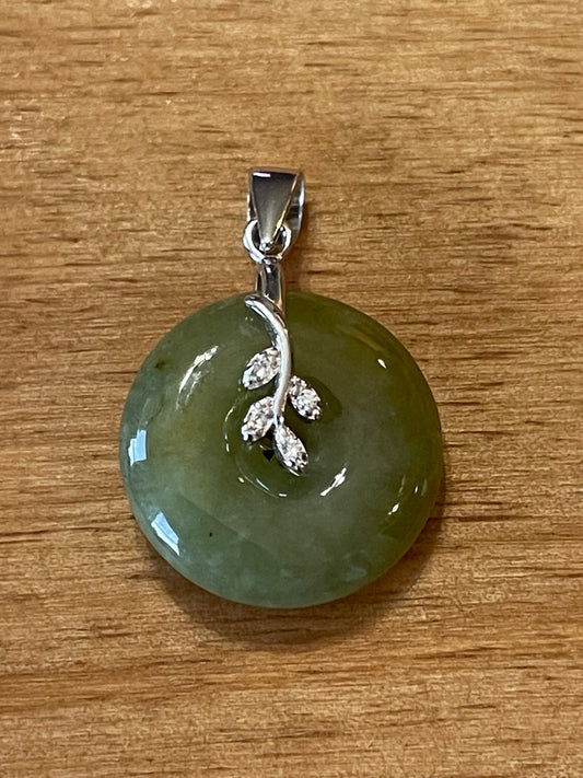 Grade A Natural  green Jadeite Pi Disc pendant silver necklace