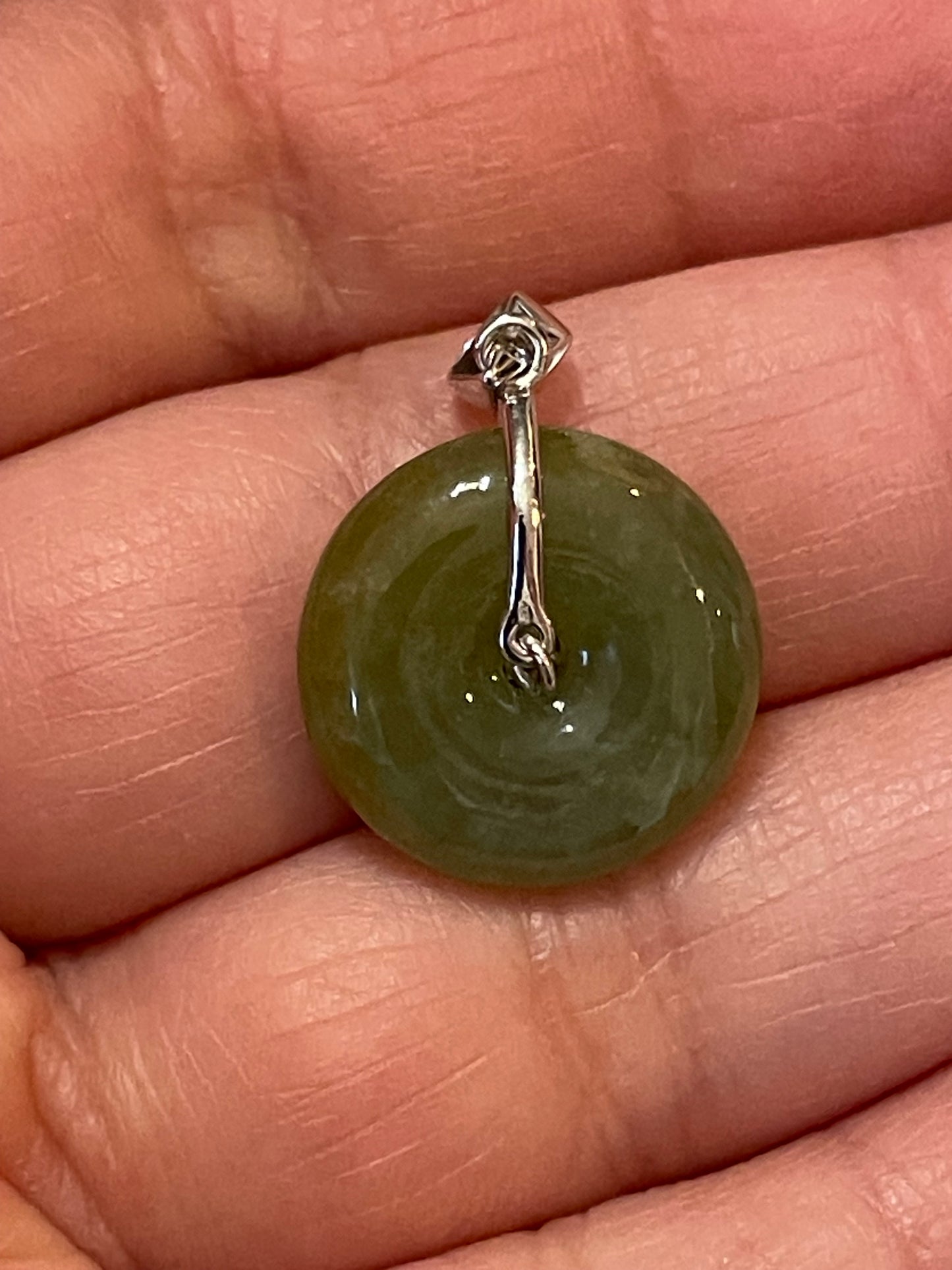 Grade A Natural  green Jadeite Pi Disc pendant silver necklace