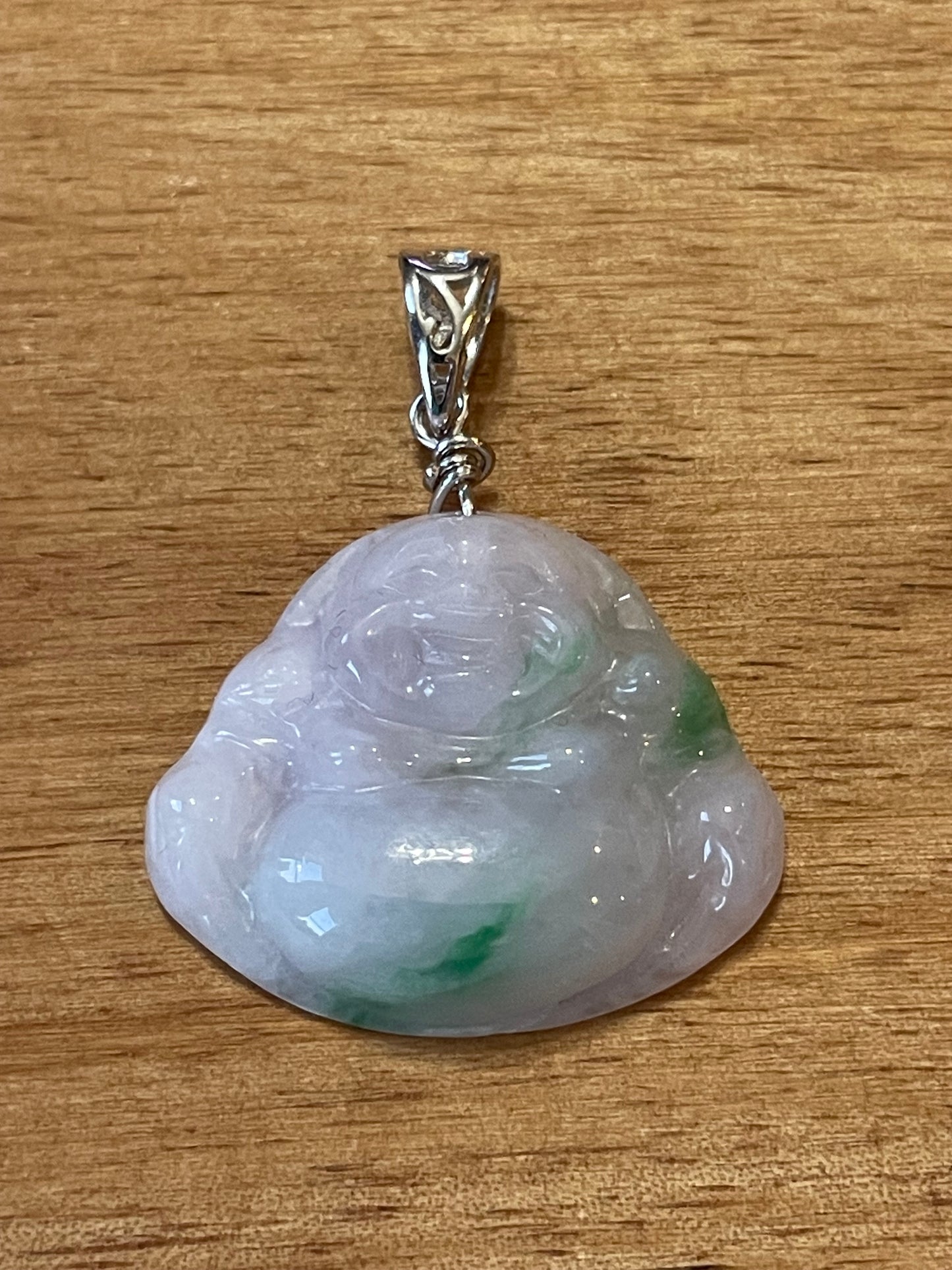 Icy Lavender and Green  jadeite Buddha pendant with Sterling silver bail necklace
