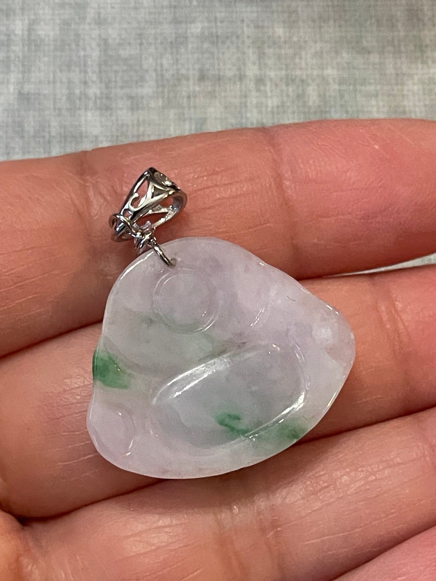 Icy Lavender and Green  jadeite Buddha pendant with Sterling silver bail necklace