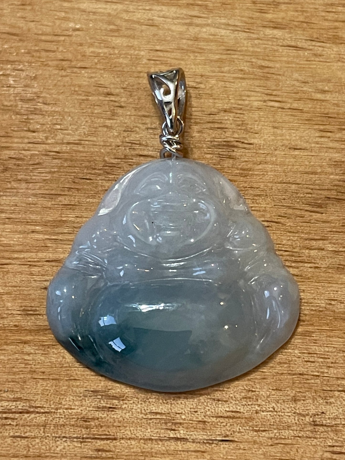 Icy Blue jadeite Buddha pendant with Sterling silver bail