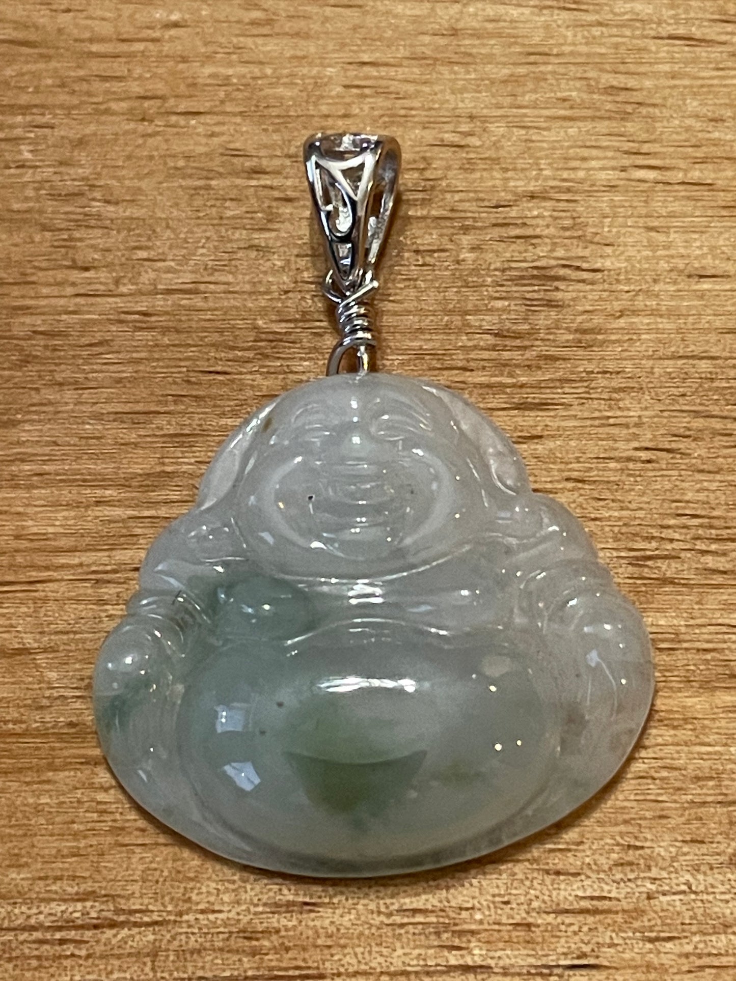 Icy Green jadeite Buddha pendant with Sterling silver bail