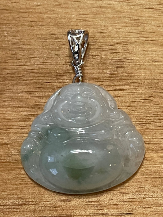 Icy Green jadeite Buddha pendant with Sterling silver bail