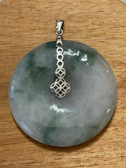 Grade A Natural  green Jadeite Pi Disc pendant silver necklace