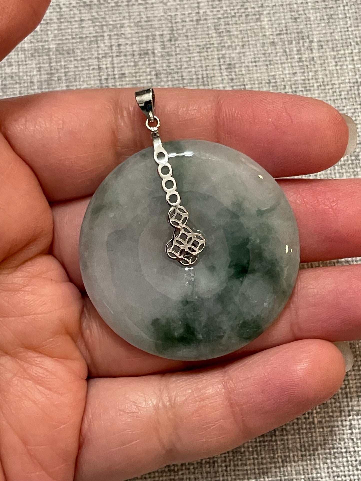 Grade A Natural  green Jadeite Pi Disc pendant silver necklace