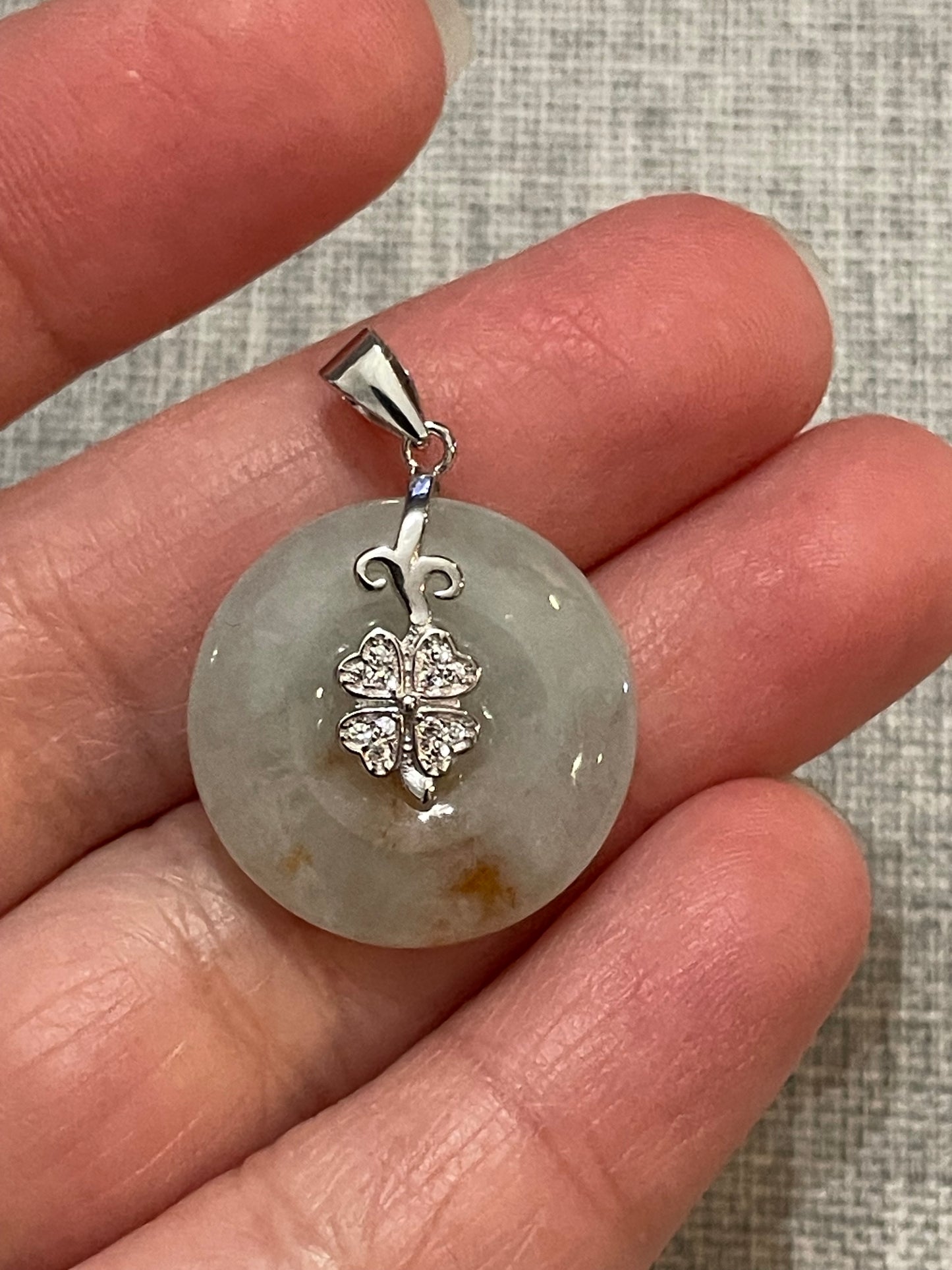 Grade A Natural  White with Red Jadeite Pi Disc pendant silver necklace