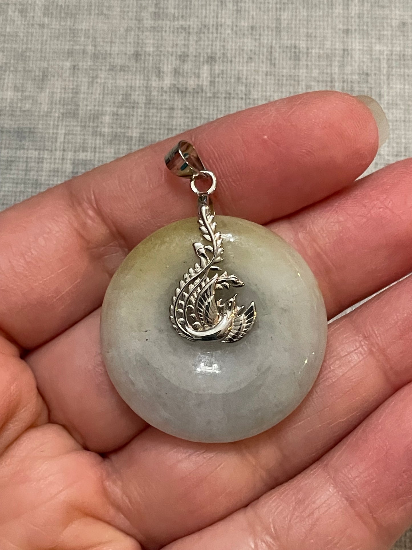 Grade A Natural  Yellow Jadeite Pi Disc pendant silver necklace