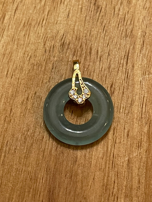 Grade A Natural  Green Jadeite Pi Disc pendant Gold overlay silver necklace