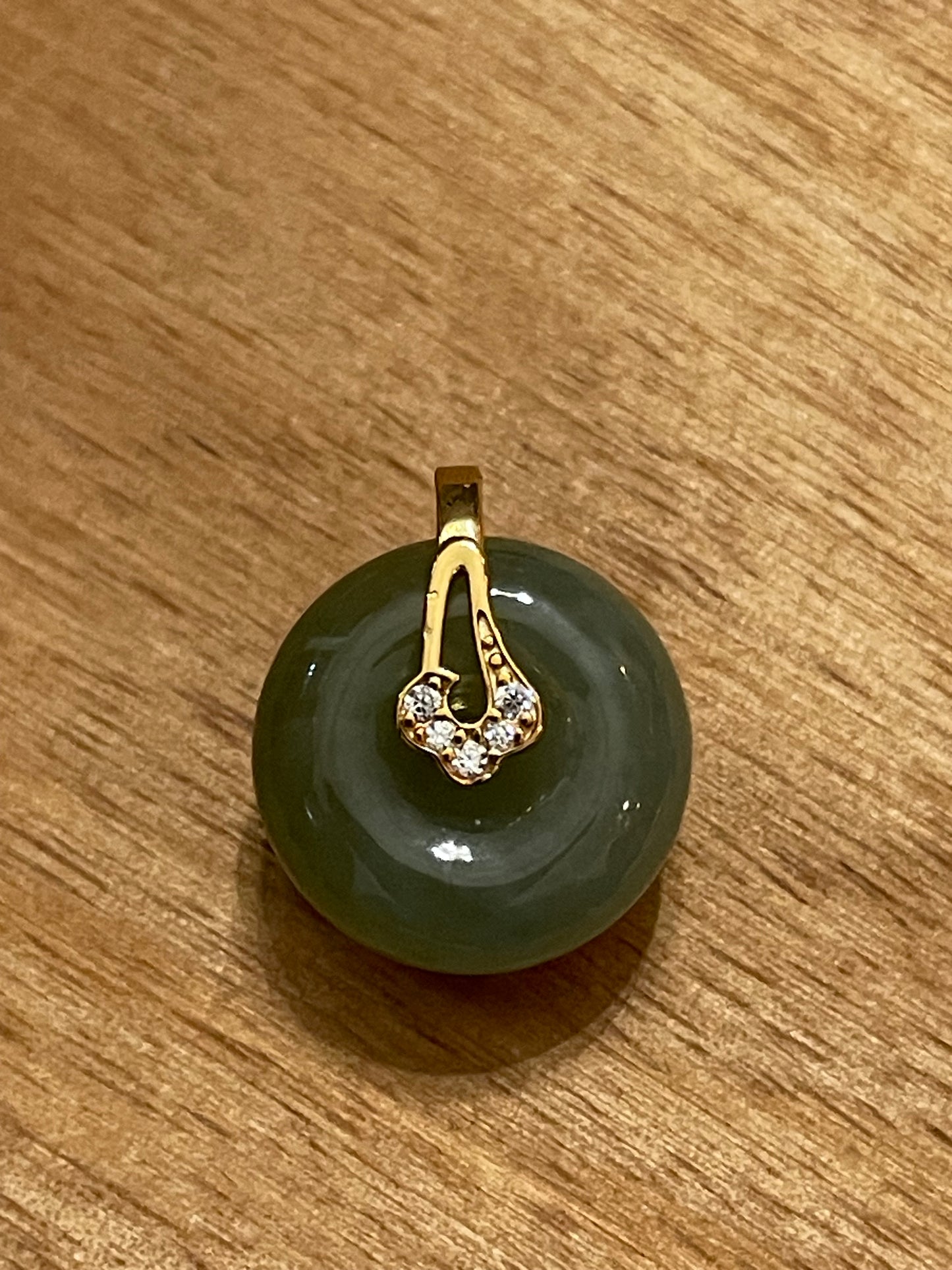 Grade A Natural  Green Jadeite Pi Disc pendant Gold overlay silver necklace
