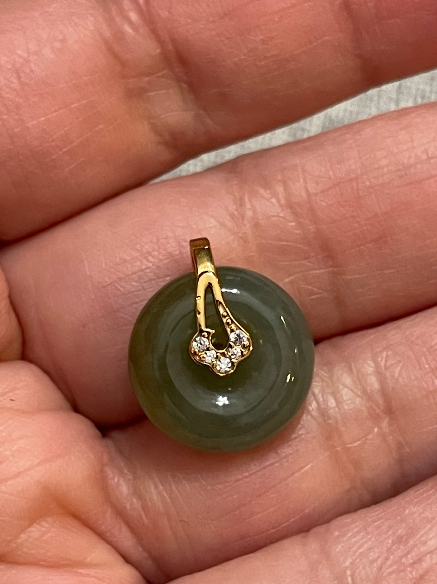 Grade A Natural  Green Jadeite Pi Disc pendant Gold overlay silver necklace