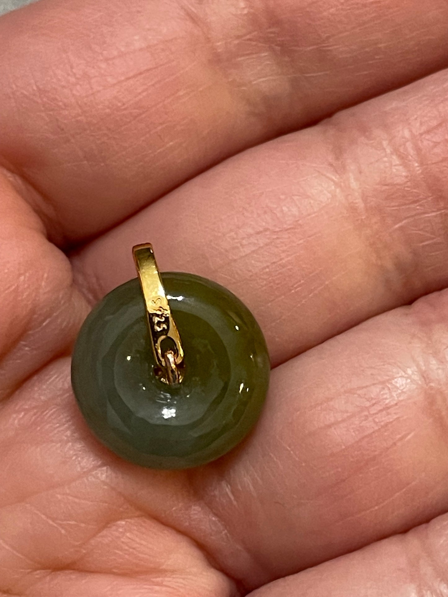Grade A Natural  Green Jadeite Pi Disc pendant Gold overlay silver necklace