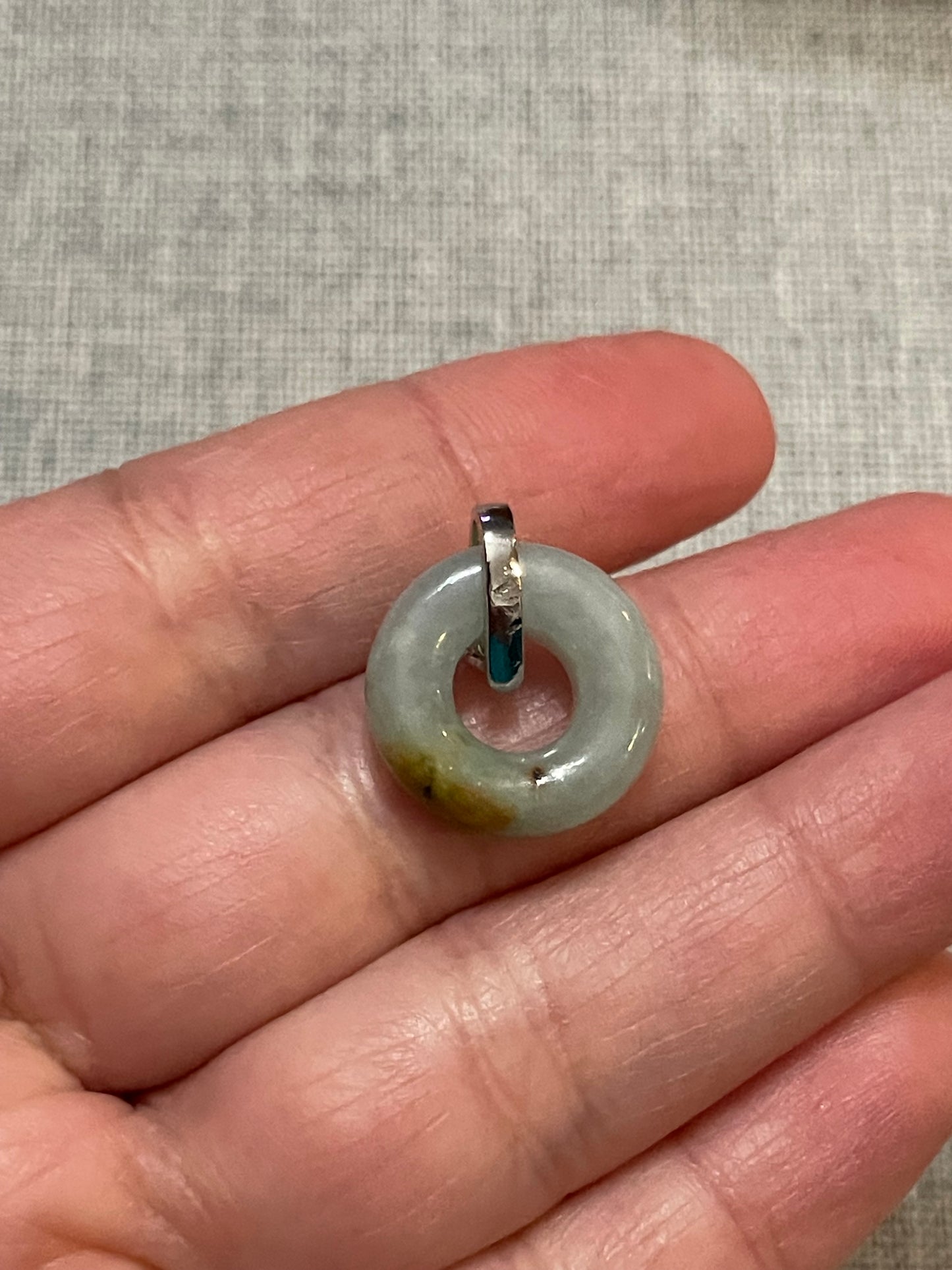 Grade A Natural yellow Green Jadeite Pi Disc pendant with   sterling silver bail